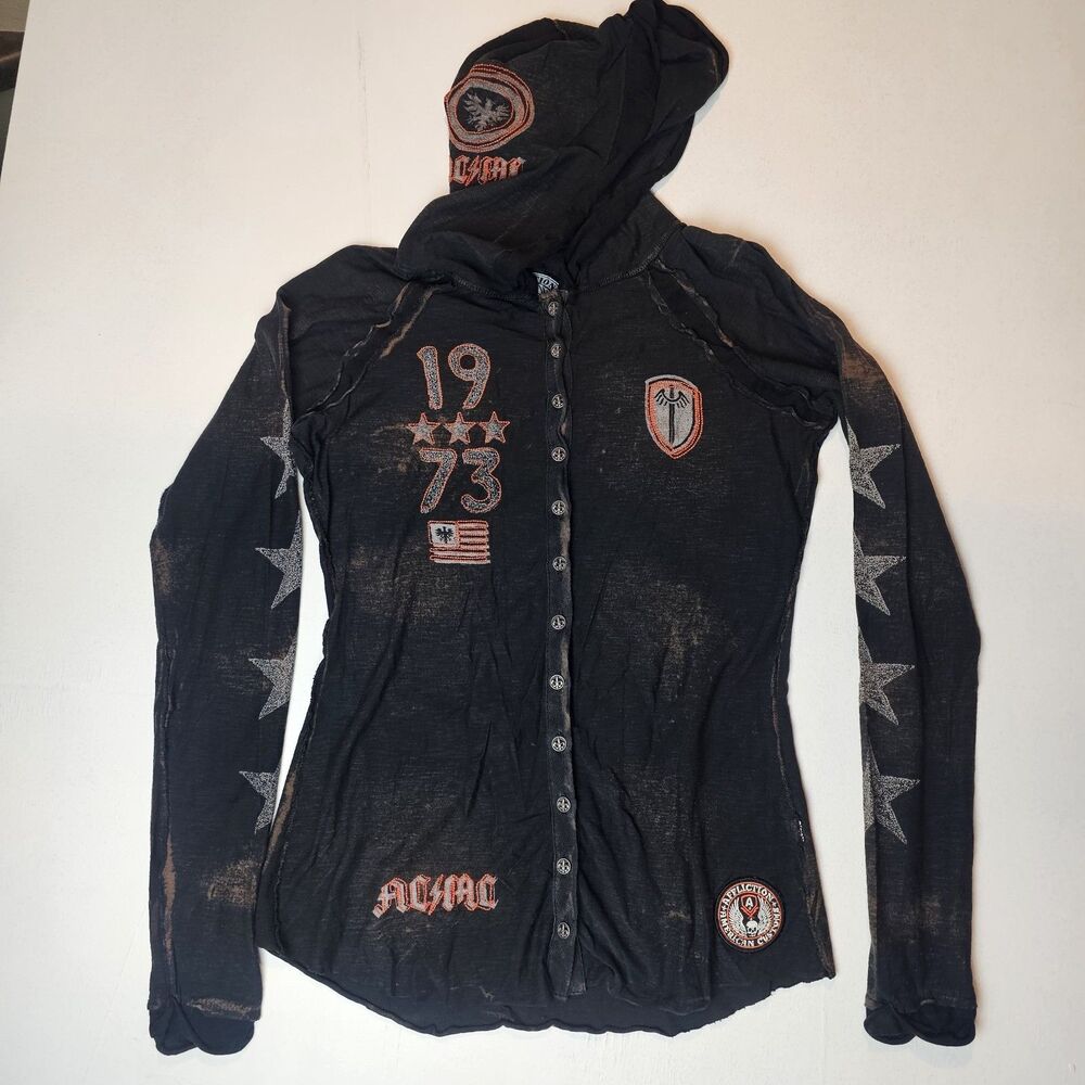Affliction American Customs Women L BLK Hooded Graphic Burnout Skull Hoodie y2k